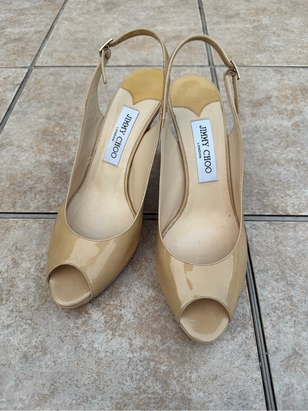 Jimmy Choo Nude Patent Peep-Toe Slingback Heels